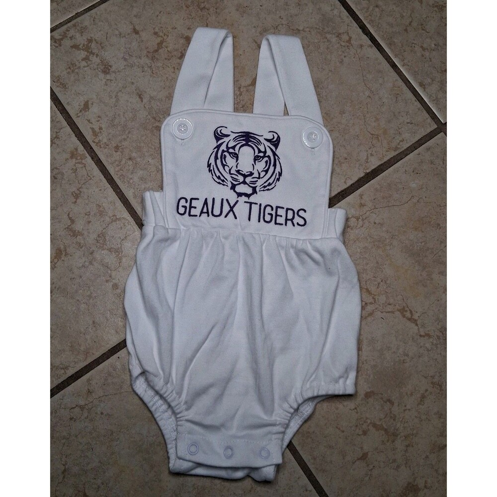 LSU Bayou Blanks Geaux Tigers White Romper With Buttons 9 Months Old
